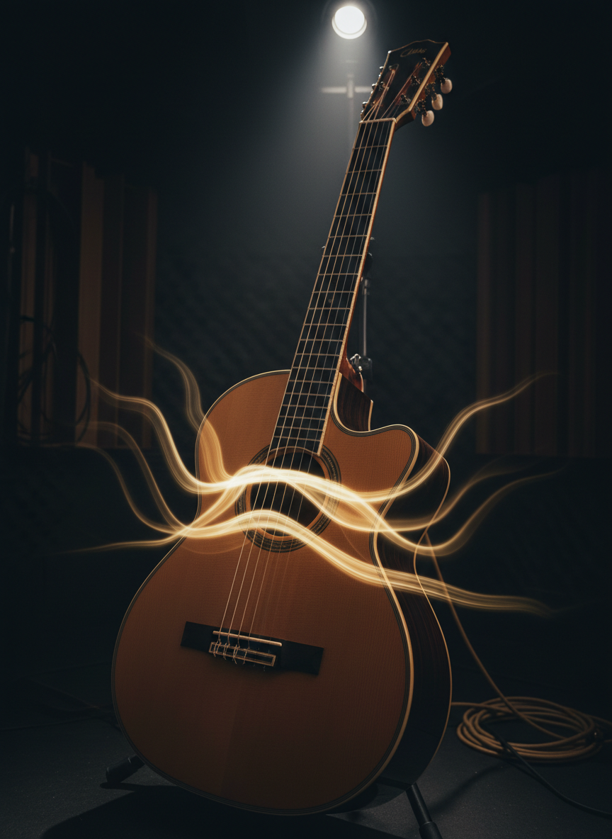 A detailed side-angle, photographic realism shot of an acoustic guitar’s body and lower fretboard, captured in a dim, acoustically treated studio space. Subtle sound-wave-like patterns of light seem to emanate from the soundhole and along the strings tuned to DADF#AD, visualizing resonance and spiritual vibration without any text. A single warm spotlight from above and behind creates dramatic rim lighting on the guitar’s glossy wooden curves and metal tuning machines, leaving the background in deep, elegant shadow. The mood is intimate and mystical, suitable for an artist’s project exploring healing through guitar. The composition is asymmetrical and cinematic, with a medium depth of field that keeps the guitar sharply in focus while softly blurring acoustic panels and cables in the background.