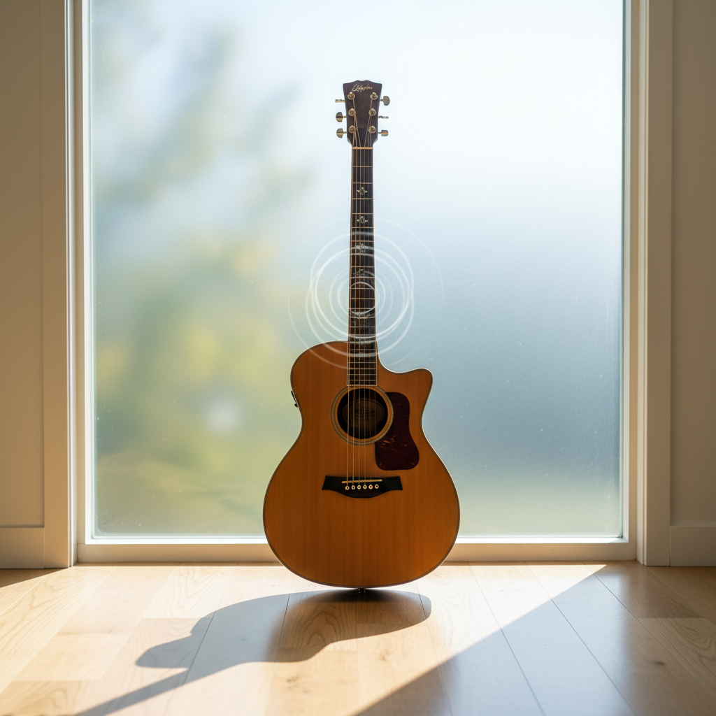 A serene, photographic realism image of an acoustic guitar standing upright on a simple wooden floor in front of a tall, frosted-glass window. Outside, only soft, abstract shapes of trees and sky are visible, keeping the focus inside. Morning light diffuses through the glass, wrapping the guitar in a gentle glow and casting a subtle, elongated shadow. Around the soundhole and fretboard, faint translucent rings and lines hint at invisible resonance and healing vibrations traveling along the DADF#AD-tuned strings. The camera is at eye level with a balanced, centered composition, creating a calm, sophisticated atmosphere ideal for a homepage hero image about spiritual guitar work and resonance.
