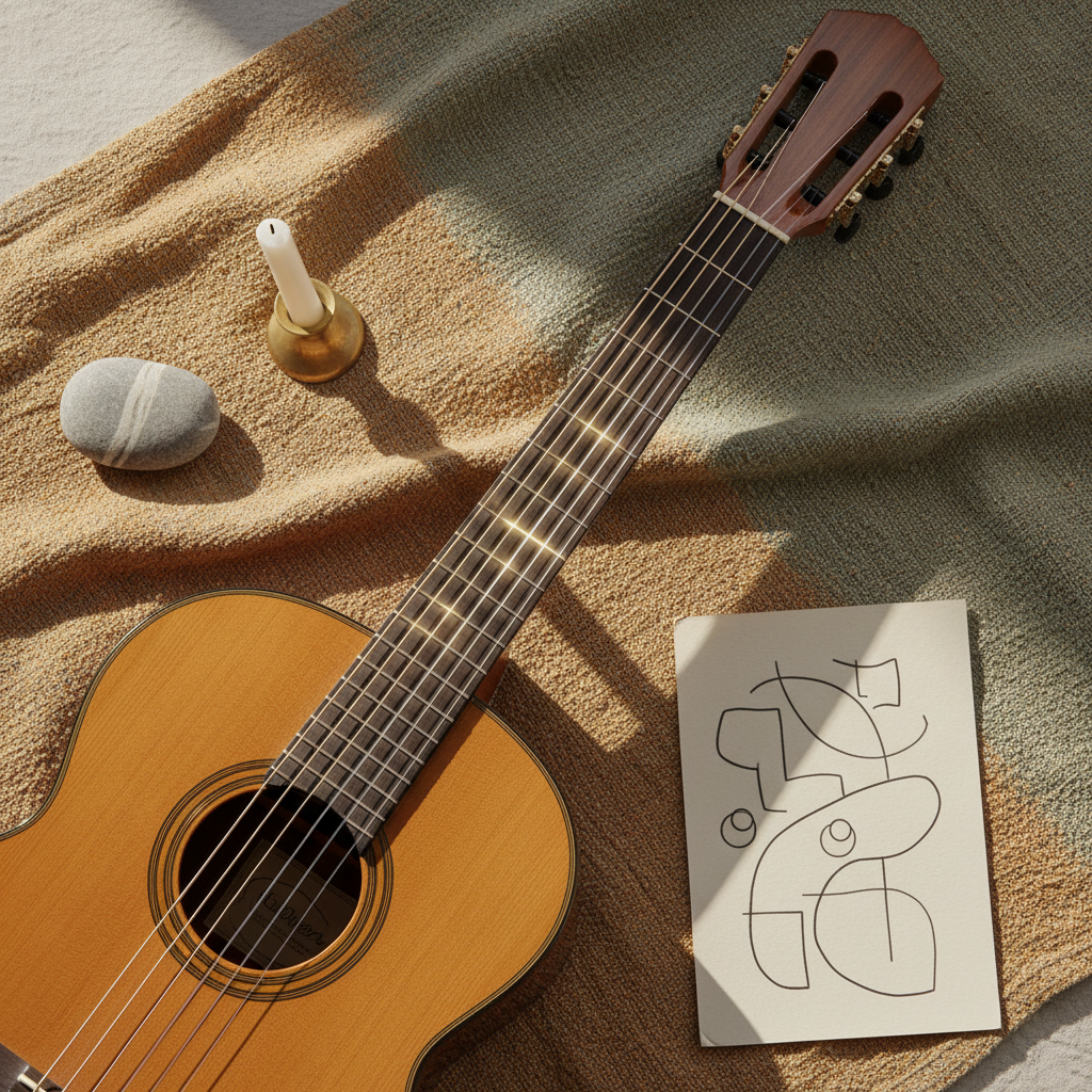 A high-resolution, photographic realism top-down view of a guitar resting on a large, textured linen cloth in muted earth tones, surrounded by minimalist objects symbolizing calm: a smooth river stone, a small unlit candle, and an open tuning chart subtly indicated by abstract, non-textual lines. The guitar’s headstock and first seven frets are prominent, with the DADF#AD tuning visually emphasized through slight luminous glows around specific strings. Soft, overcast natural window light bathes the scene, creating gentle gradients and almost no harsh shadows. The composition follows the rule of thirds, with a tranquil, sophisticated atmosphere that suggests intentional exploration of resonance, healing, and original chord discoveries.